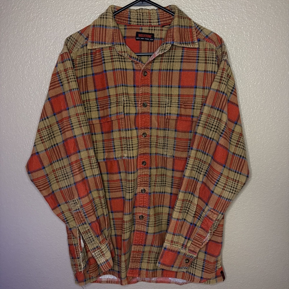 Wolverine Men's XL Courderoy Plaid Shirt  Red Brown Button Up